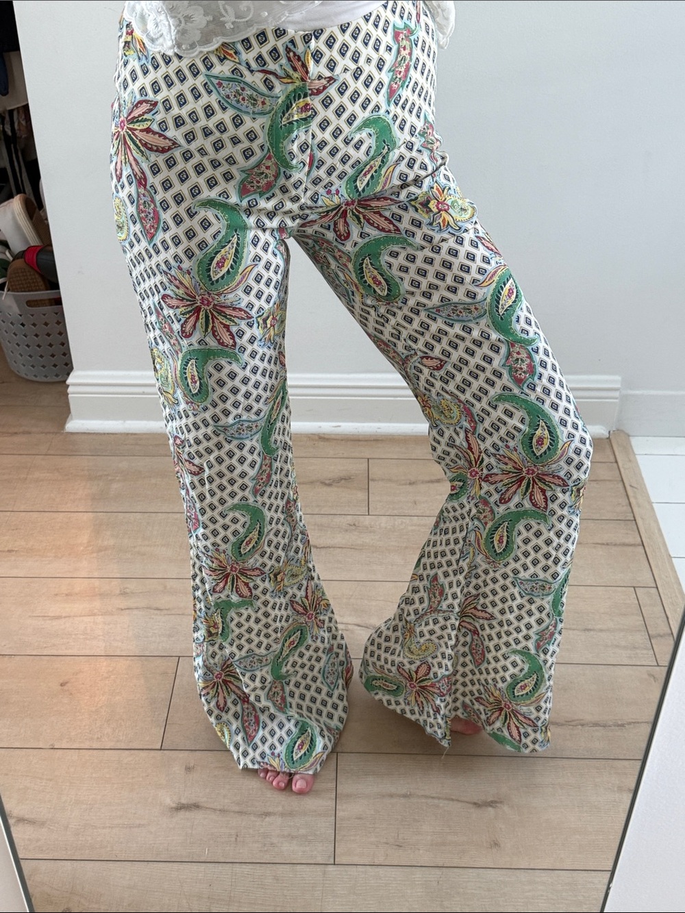 Zara Printed Wide-Leg Green Paisley Women's Pants